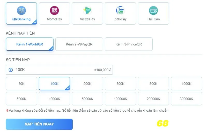 Nạp tiền fb68 tiện lợi và an toàn qua QR Banking