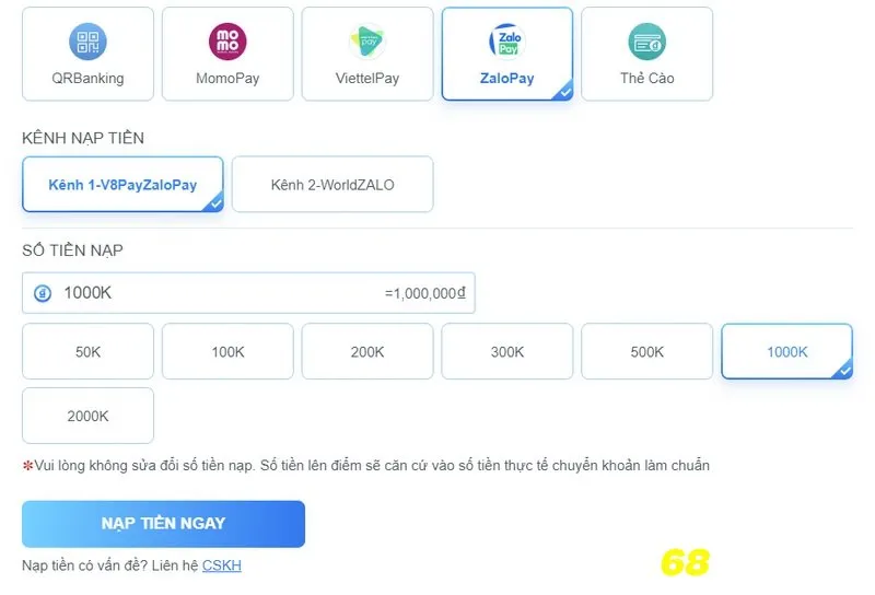 Thao tác nạp tiền fb68 qua Zalo Pay siêu dễ